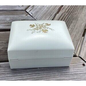 Trinket Jewelry Box Vintage Celluloid Cream With Gold Doves 7”